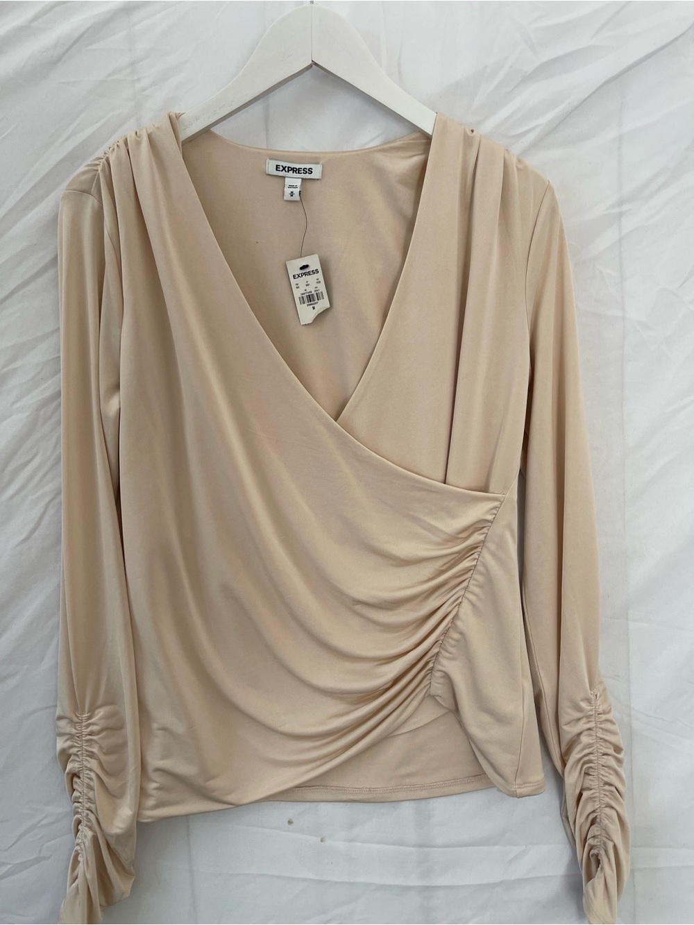 Express Women's Cream Ruched Surplice Long Sleeve Blouse- Med